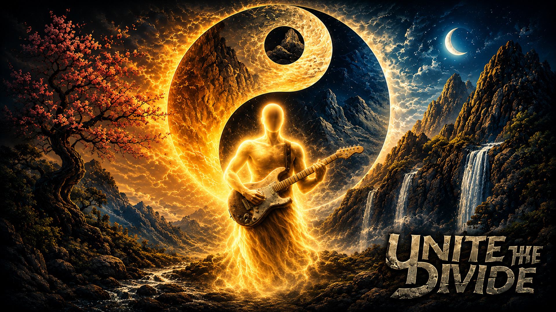 The Eternal Name artwork with a luminous guitarist, mountains, and gold-and-blue sky